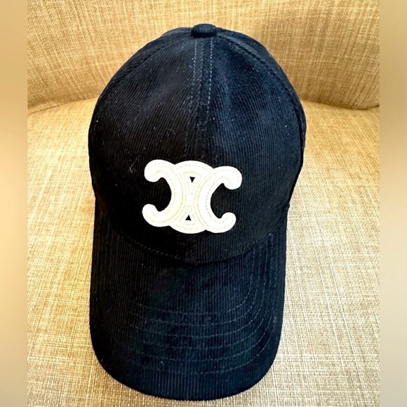 Celine Black Corduroy Cap with White Accents - Picture 1 of 10